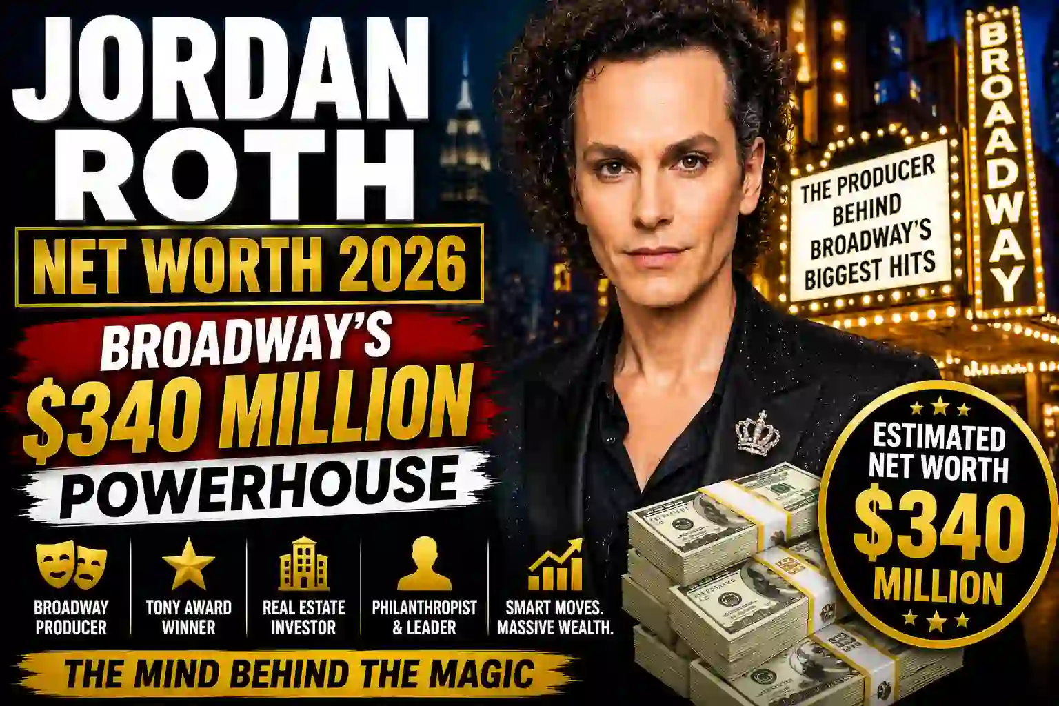 Discover Jordan Roth's net worth in 2026, how the Broadway producer built an estimated $340 million fortune, his business ventures, investments, career achievements, and influence on the theater industry.
